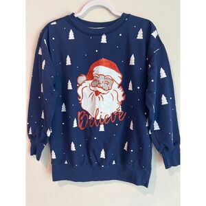 Rockin Around Santa Believe Christmas Sweatshirt Women's Size Medium Blue Trees